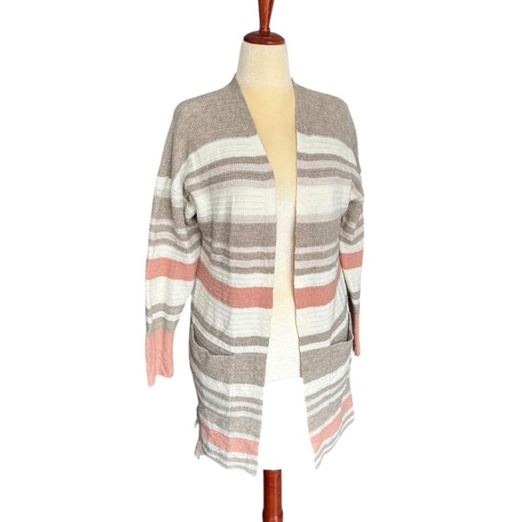 Lucky Brand Striped Open Front Cardigan Sweater Pastel Taupe Pink Wool Linen Med - Picture 3 of 16